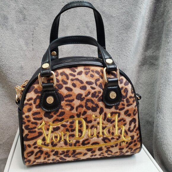 New VON DUTCH Leopard Pony Hair Bowling Bag Satchel Crossbody Handbag Black Logo - Picture 12 of 12